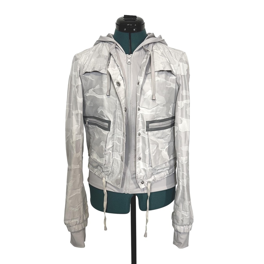 Blanc Noir Gray Camo Hooded Bomber Jacket Drawstring‎ Waist Zip Up Womens Medium